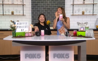 Kaleena Teoh and FOX5 The Noon host, Bianca Peters, laughing over Rose Cream Lattes.